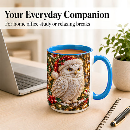 #pl[15oz|Blue] Christmas Snowy Owl Coffee Mug, Festive Owl Mug, Ceramic Cup
