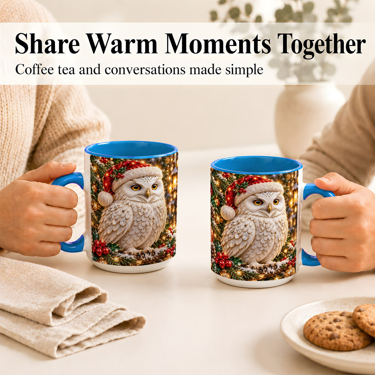 #pl[15oz|Blue] Christmas Snowy Owl Coffee Mug, Festive Owl Mug, Ceramic Cup