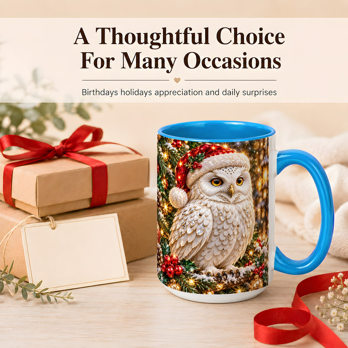 #pl[15oz|Blue] Christmas Snowy Owl Coffee Mug, Festive Owl Mug, Ceramic Cup