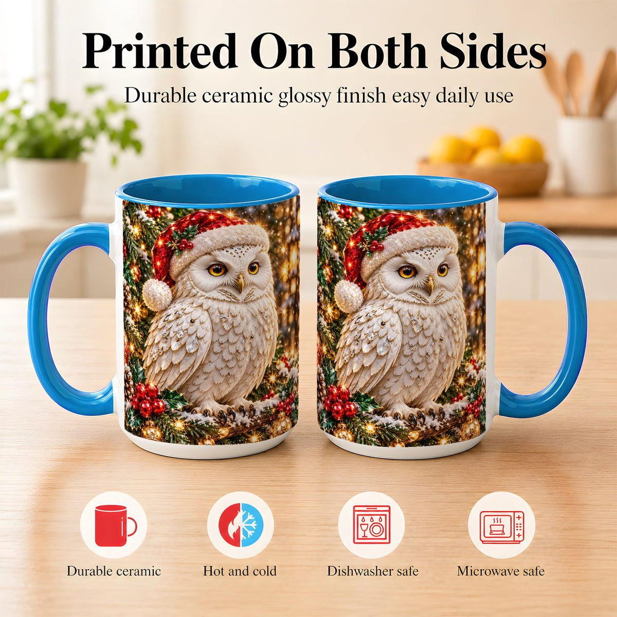 #pl[15oz|Blue] Christmas Snowy Owl Coffee Mug, Festive Owl Mug, Ceramic Cup