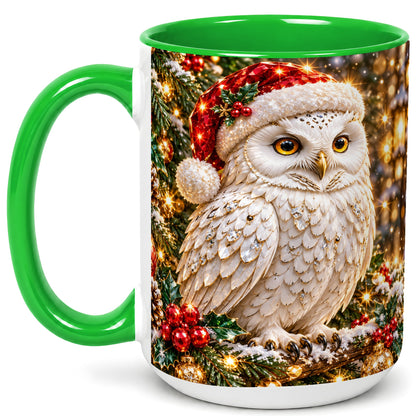 #pl[15oz|Green] Christmas Snowy Owl Coffee Mug, Festive Owl Mug, Ceramic Cup