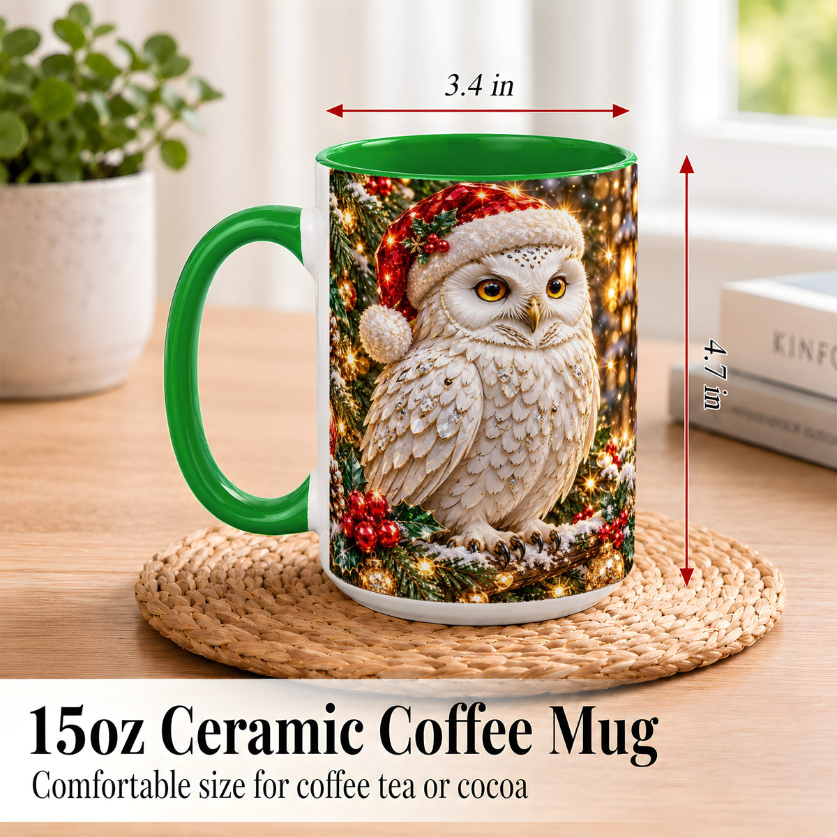 #pl[15oz|Green] Christmas Snowy Owl Coffee Mug, Festive Owl Mug, Ceramic Cup