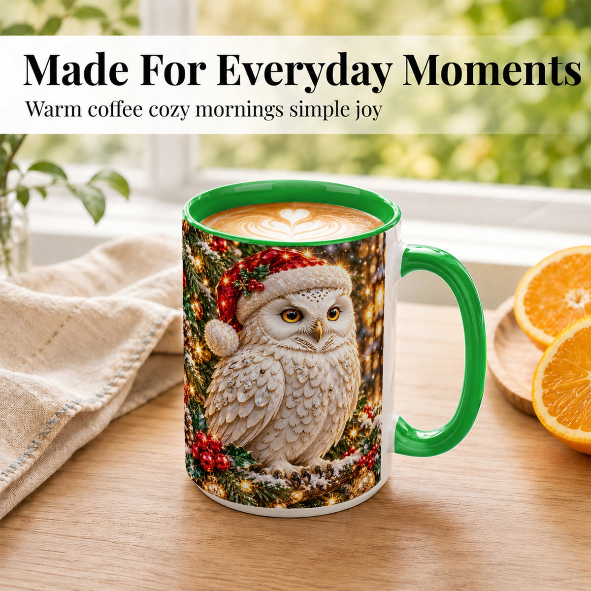 #pl[15oz|Green] Christmas Snowy Owl Coffee Mug, Festive Owl Mug, Ceramic Cup