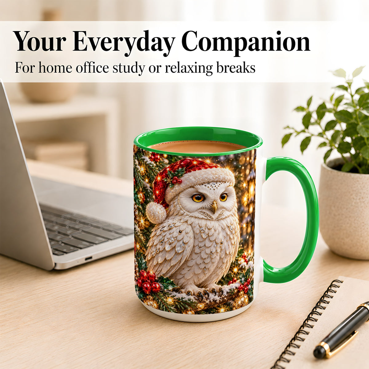 #pl[15oz|Green] Christmas Snowy Owl Coffee Mug, Festive Owl Mug, Ceramic Cup