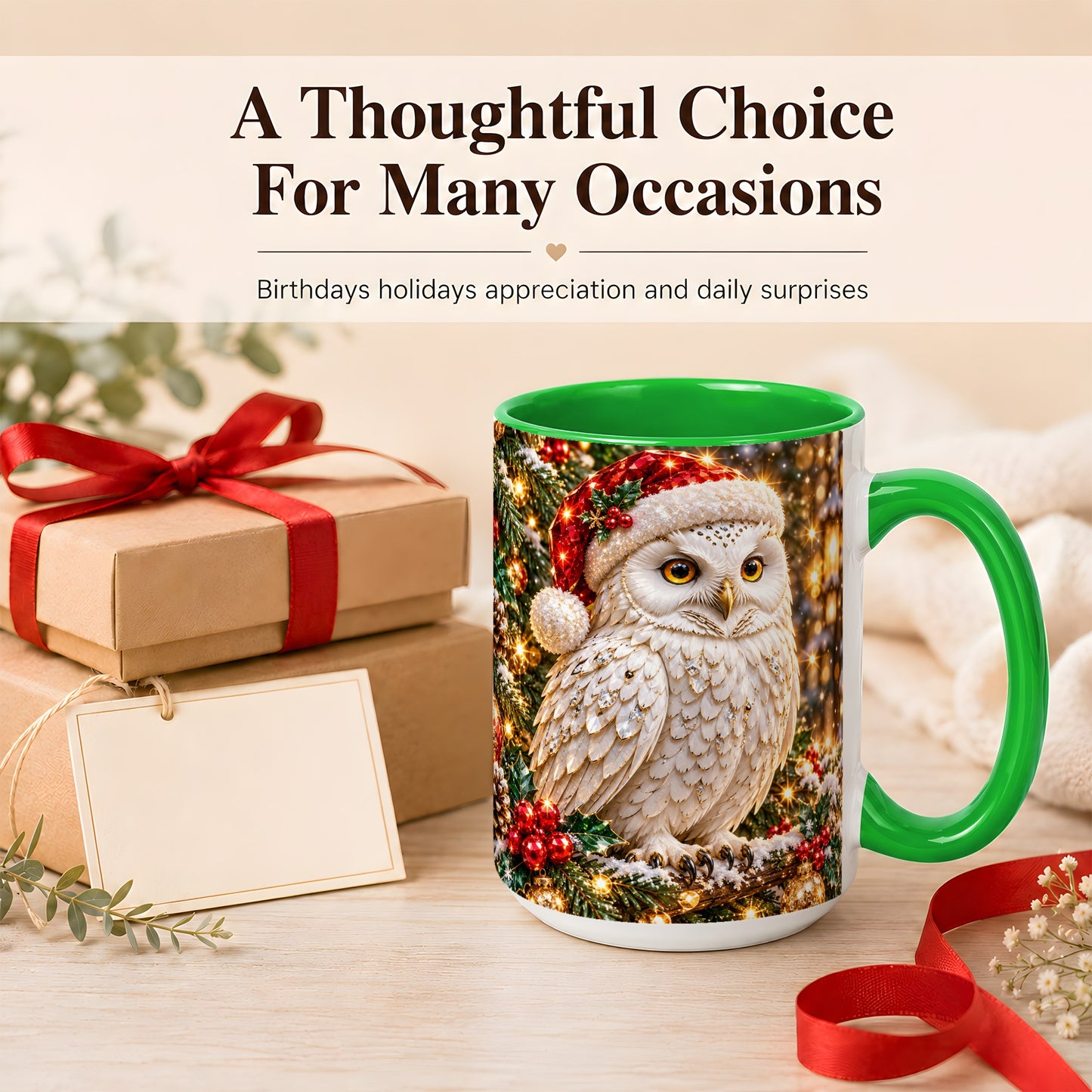 #pl[15oz|Green] Christmas Snowy Owl Coffee Mug, Festive Owl Mug, Ceramic Cup