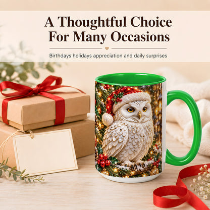 #pl[15oz|Green] Christmas Snowy Owl Coffee Mug, Festive Owl Mug, Ceramic Cup