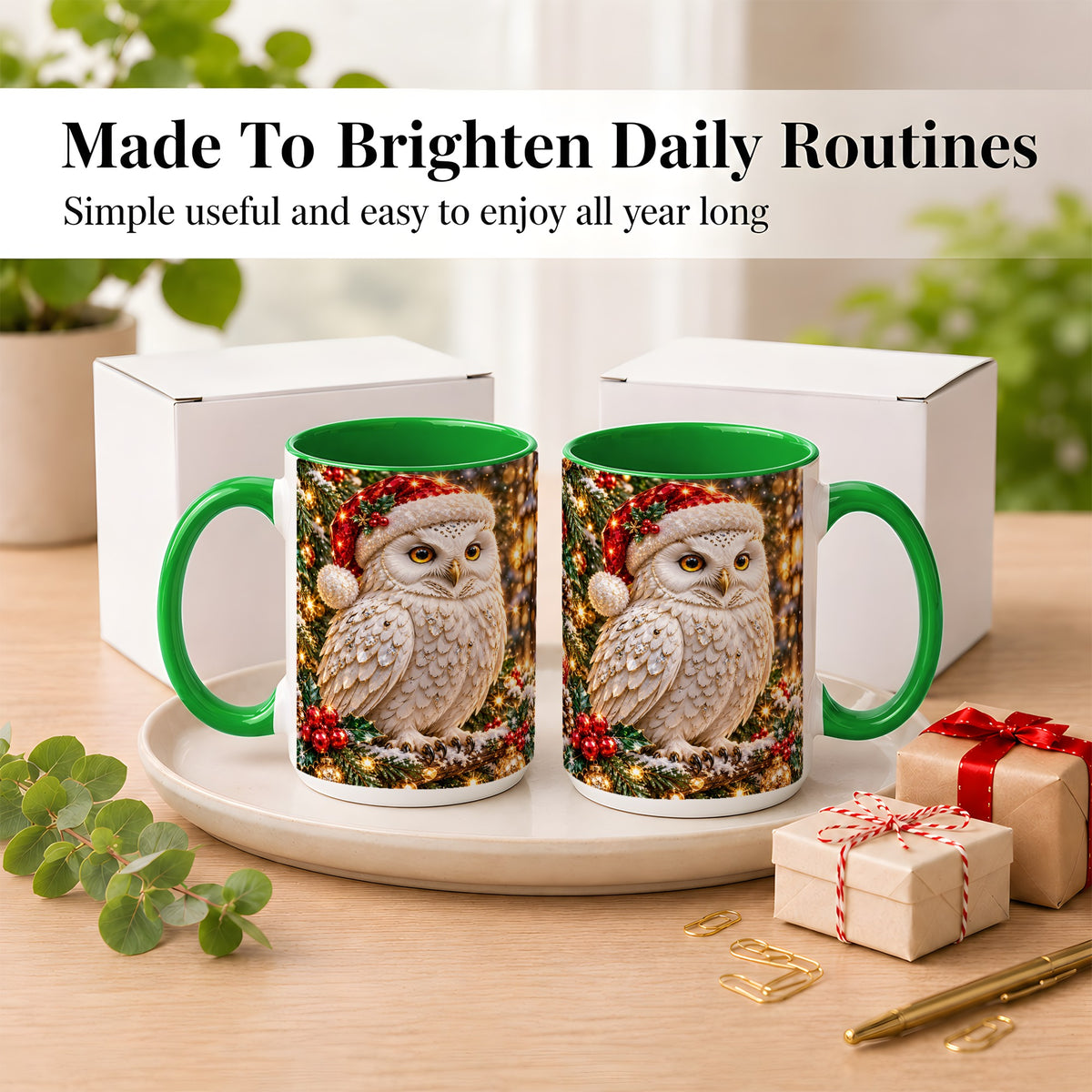 #pl[15oz|Green] Christmas Snowy Owl Coffee Mug, Festive Owl Mug, Ceramic Cup