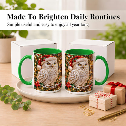 #pl[15oz|Green] Christmas Snowy Owl Coffee Mug, Festive Owl Mug, Ceramic Cup