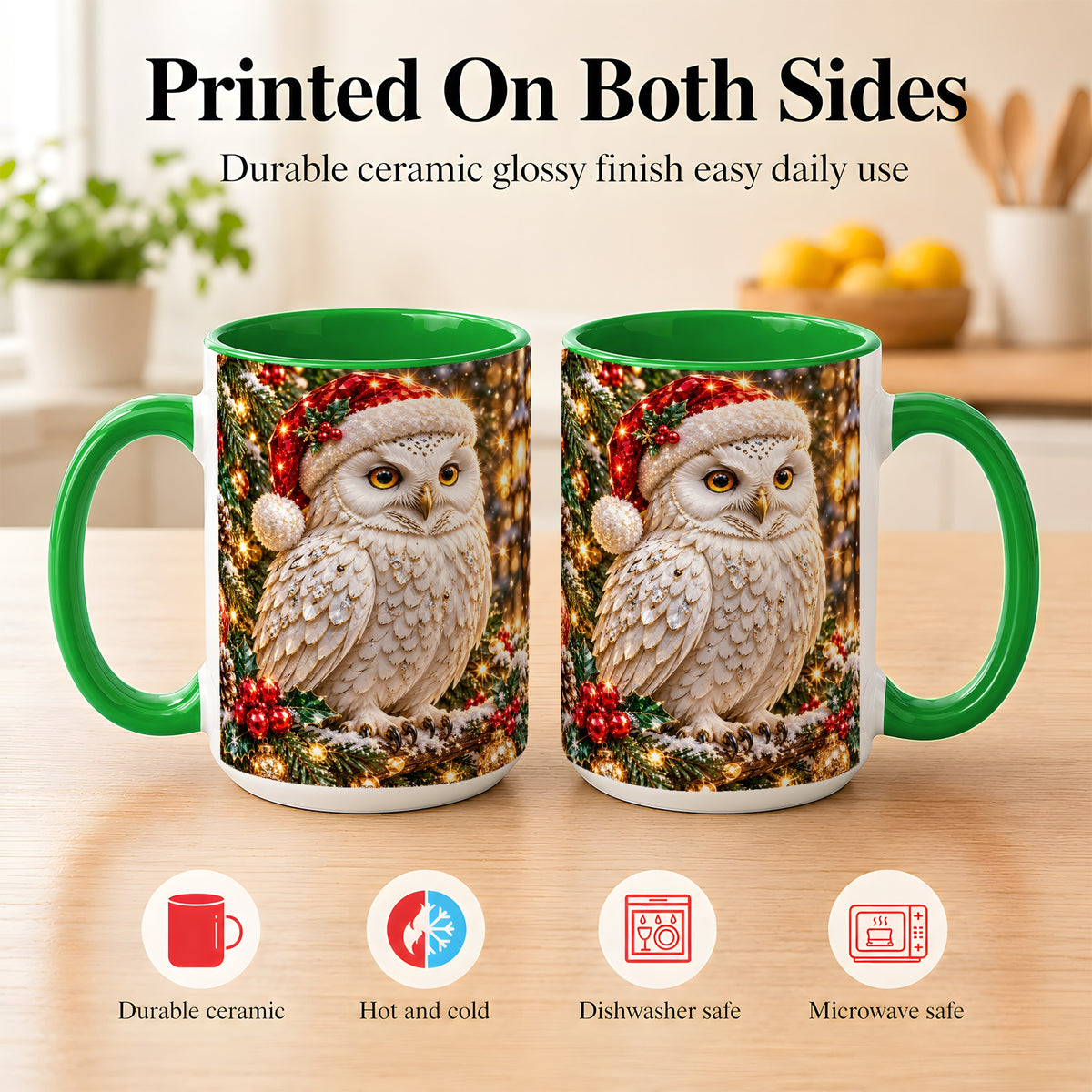 #pl[15oz|Green] Christmas Snowy Owl Coffee Mug, Festive Owl Mug, Ceramic Cup