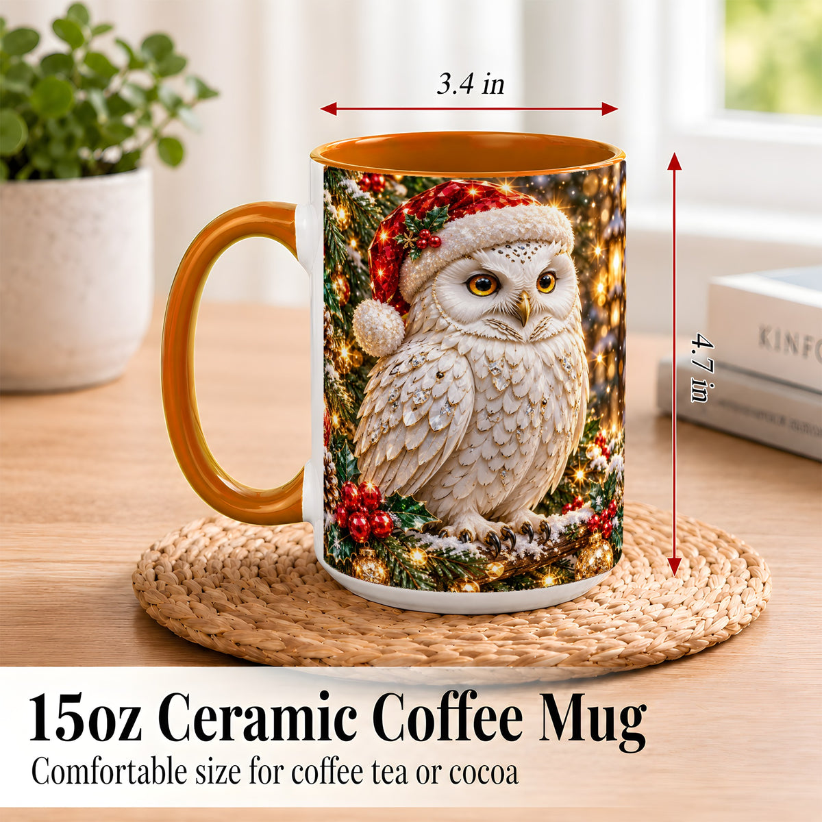 #pl[15oz|Orange] Christmas Snowy Owl Coffee Mug, Festive Owl Mug, Ceramic Cup