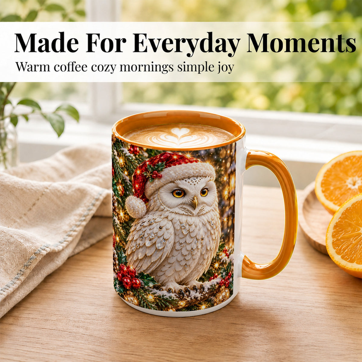#pl[15oz|Orange] Christmas Snowy Owl Coffee Mug, Festive Owl Mug, Ceramic Cup