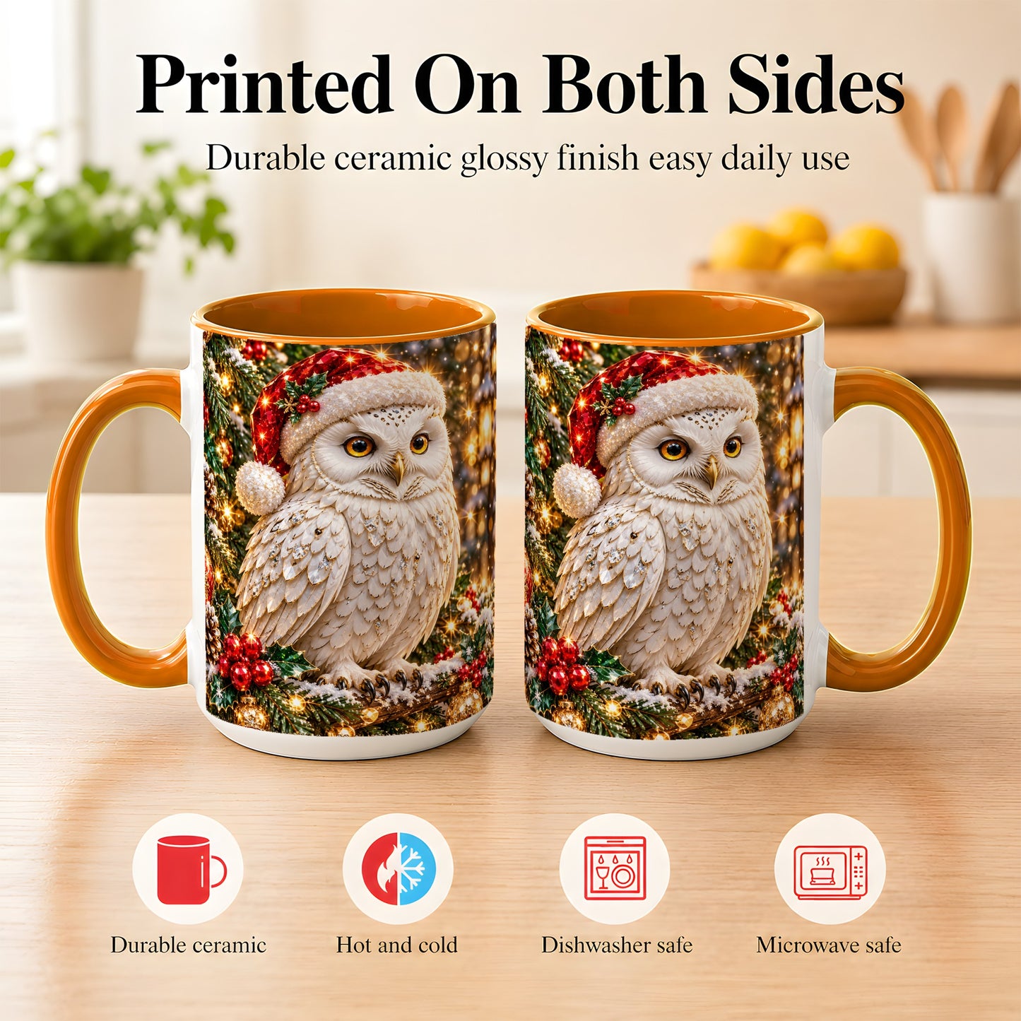 #pl[15oz|Orange] Christmas Snowy Owl Coffee Mug, Festive Owl Mug, Ceramic Cup