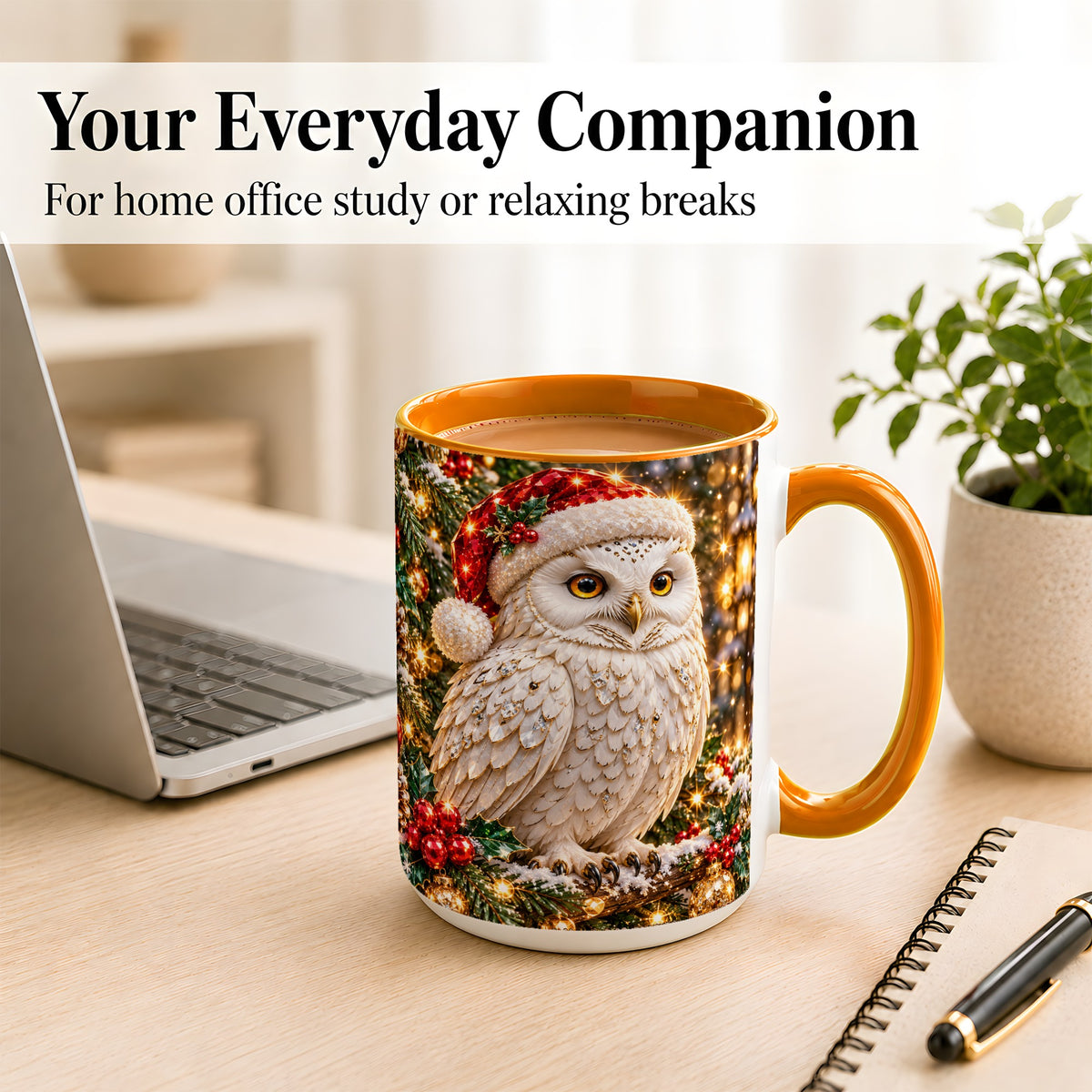 #pl[15oz|Orange] Christmas Snowy Owl Coffee Mug, Festive Owl Mug, Ceramic Cup