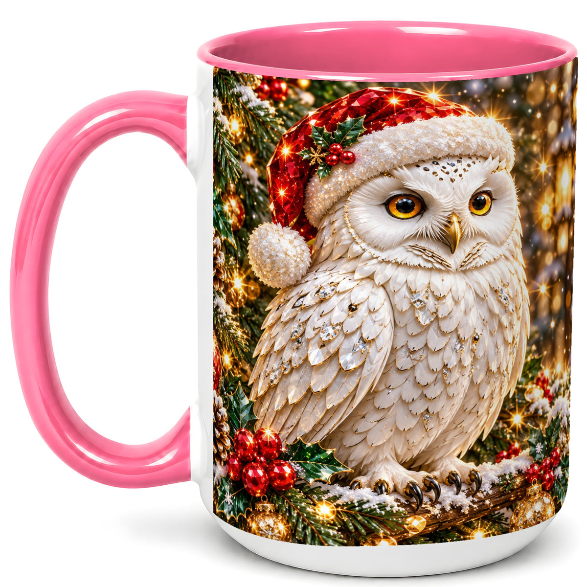 #pl[15oz|Pink] Christmas Snowy Owl Coffee Mug, Festive Owl Mug, Ceramic Cup