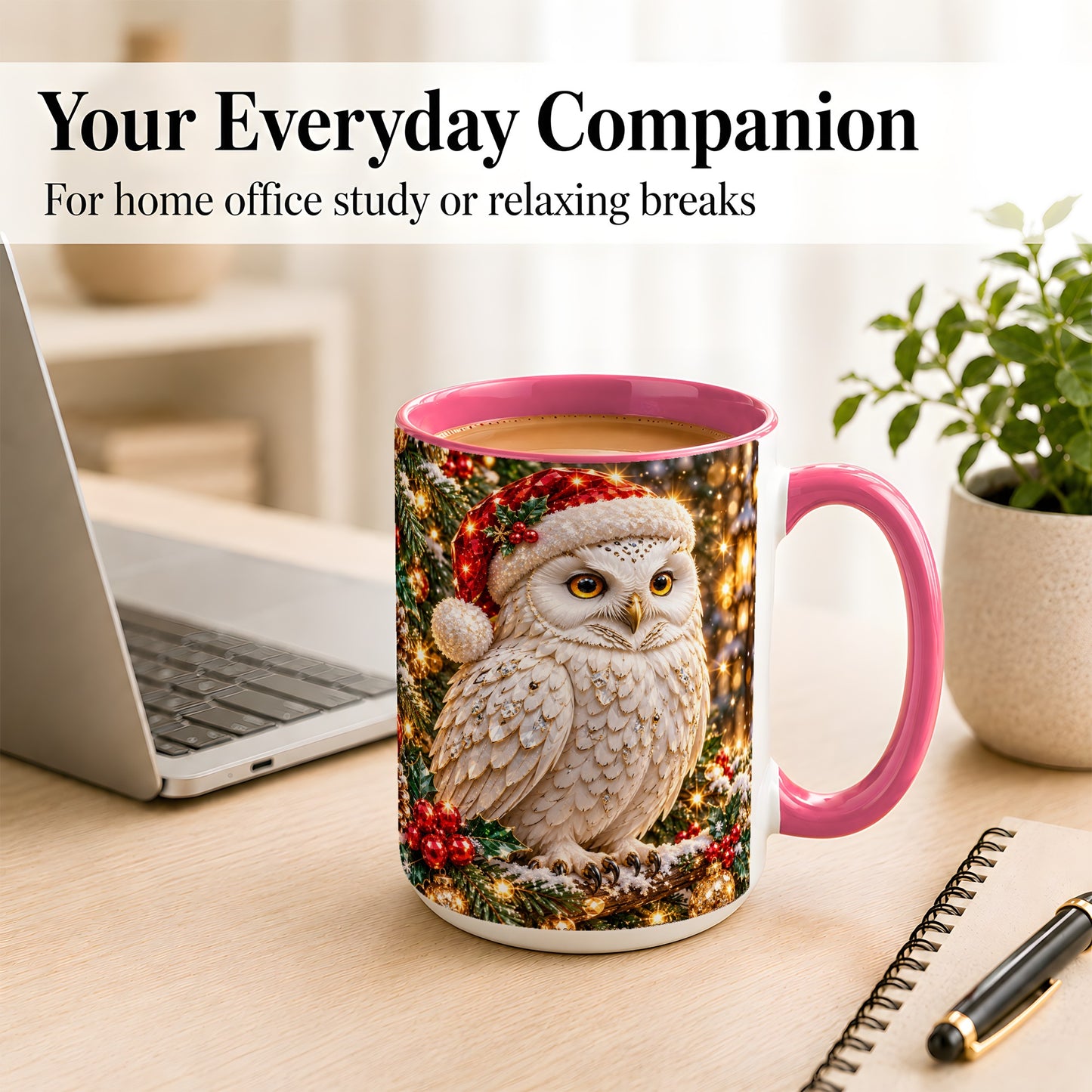 #pl[15oz|Pink] Christmas Snowy Owl Coffee Mug, Festive Owl Mug, Ceramic Cup