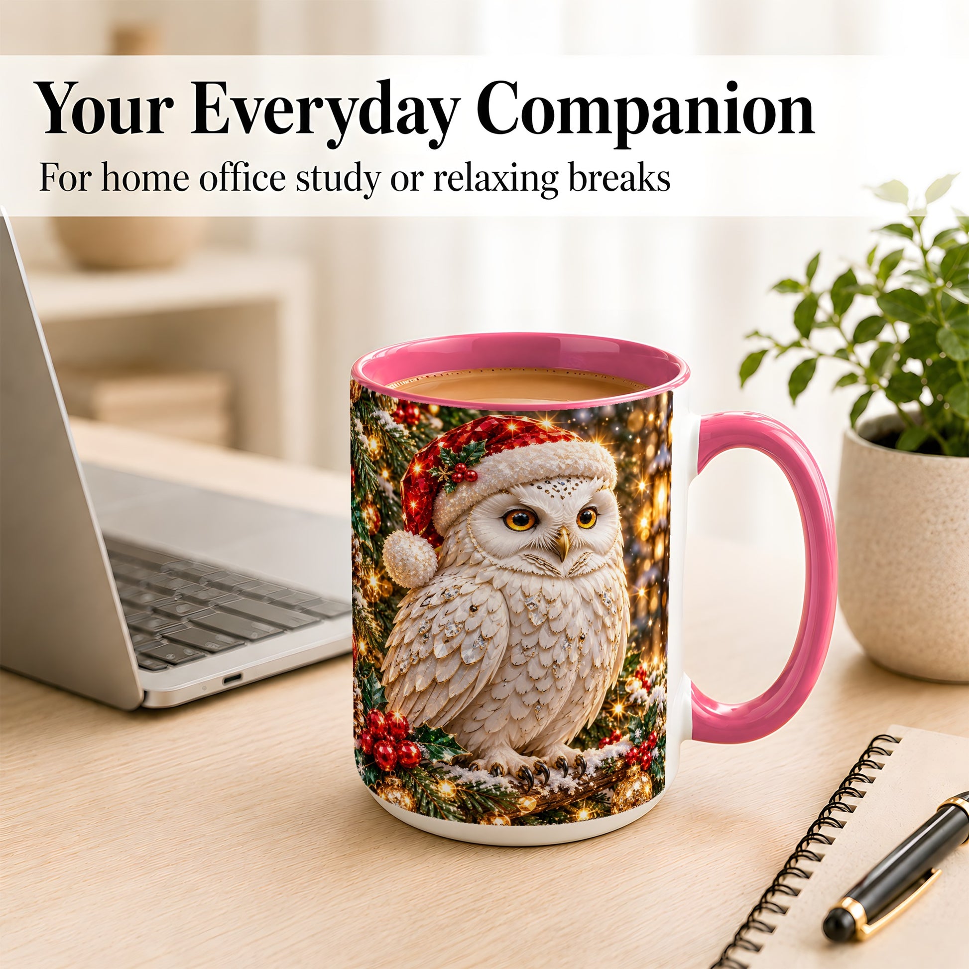 #pl[15oz|Pink] Christmas Snowy Owl Coffee Mug, Festive Owl Mug, Ceramic Cup