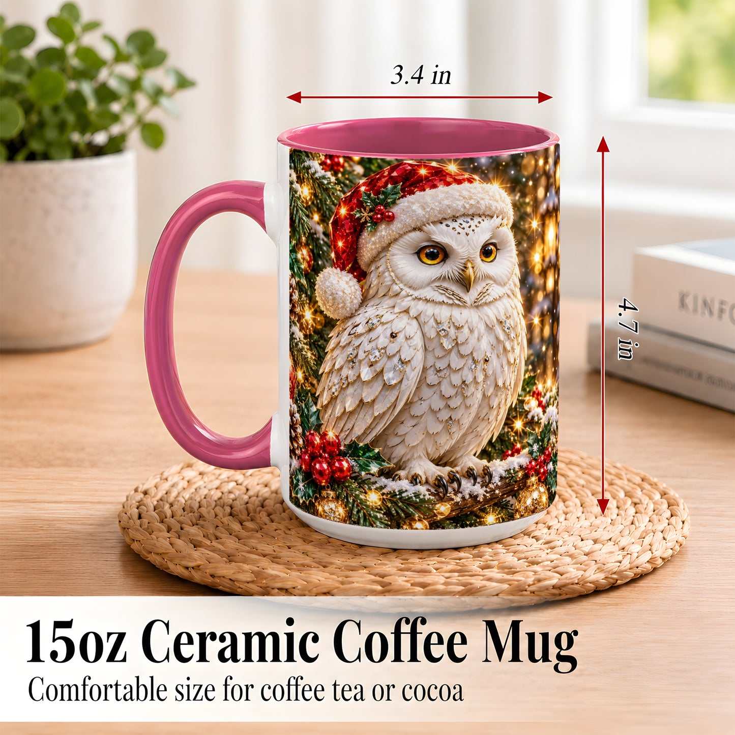 #pl[15oz|Pink] Christmas Snowy Owl Coffee Mug, Festive Owl Mug, Ceramic Cup