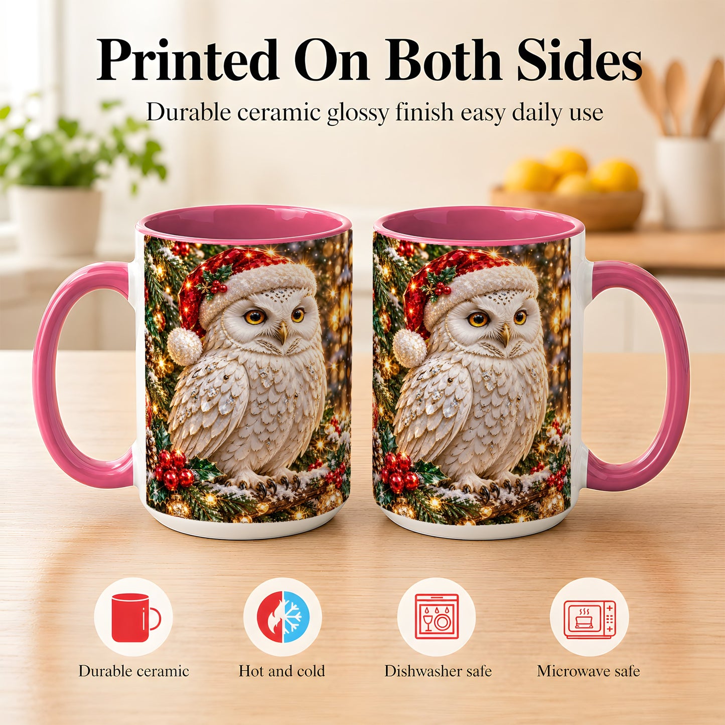 #pl[15oz|Pink] Christmas Snowy Owl Coffee Mug, Festive Owl Mug, Ceramic Cup
