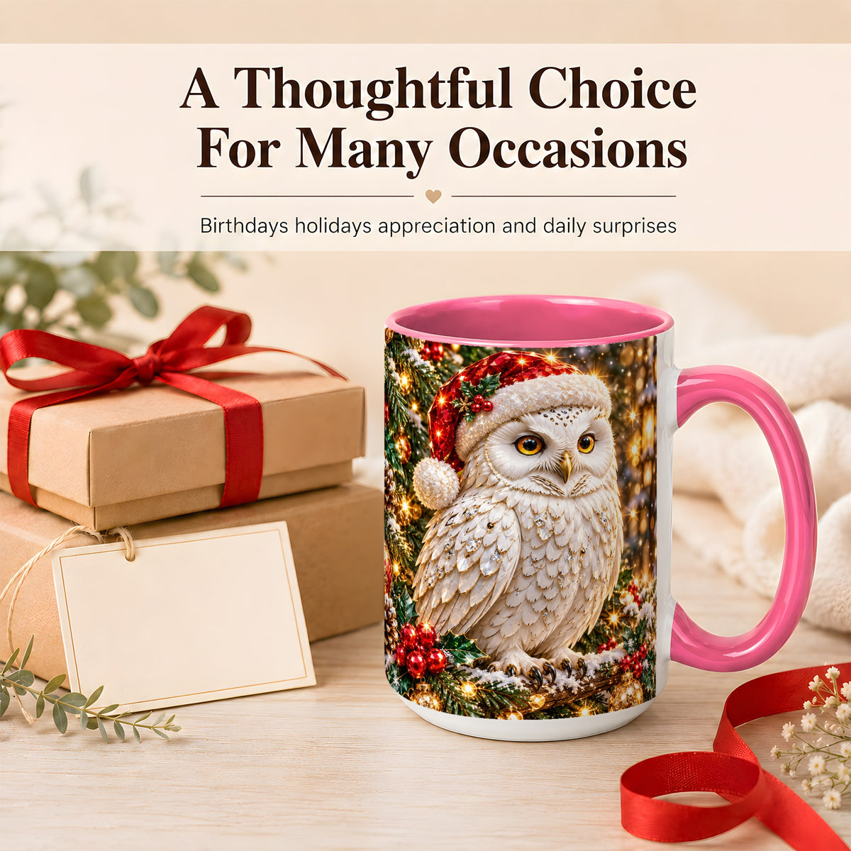 #pl[15oz|Pink] Christmas Snowy Owl Coffee Mug, Festive Owl Mug, Ceramic Cup
