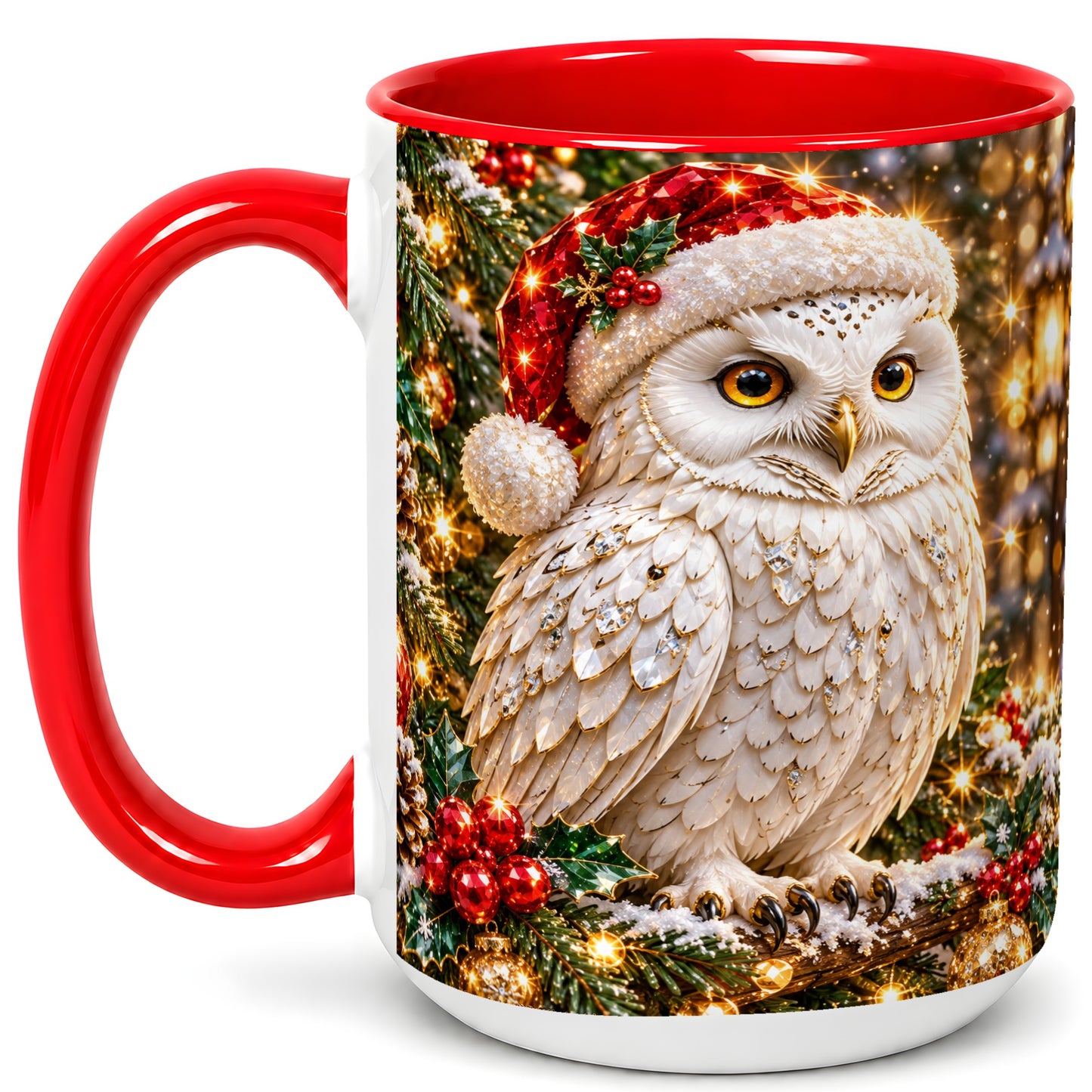 #pl[15oz|Red] Christmas Snowy Owl Coffee Mug, Festive Owl Mug, Ceramic Cup