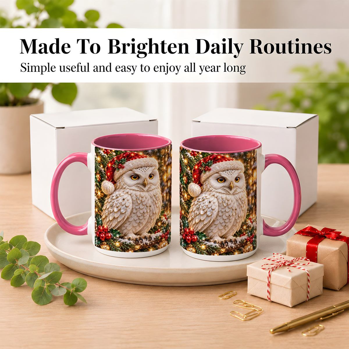 #pl[15oz|Pink] Christmas Snowy Owl Coffee Mug, Festive Owl Mug, Ceramic Cup