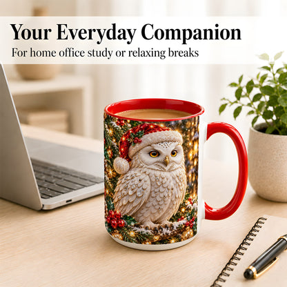 #pl[15oz|Red] Christmas Snowy Owl Coffee Mug, Festive Owl Mug, Ceramic Cup