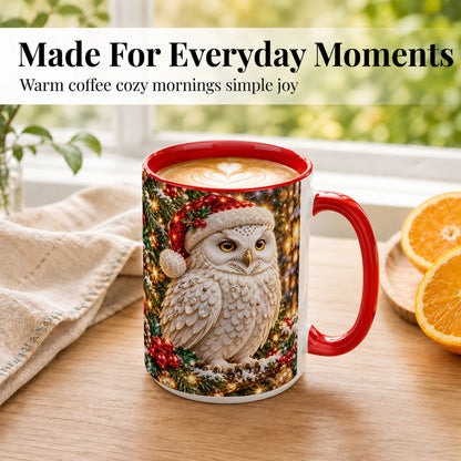 #pl[15oz|Red] Christmas Snowy Owl Coffee Mug, Festive Owl Mug, Ceramic Cup