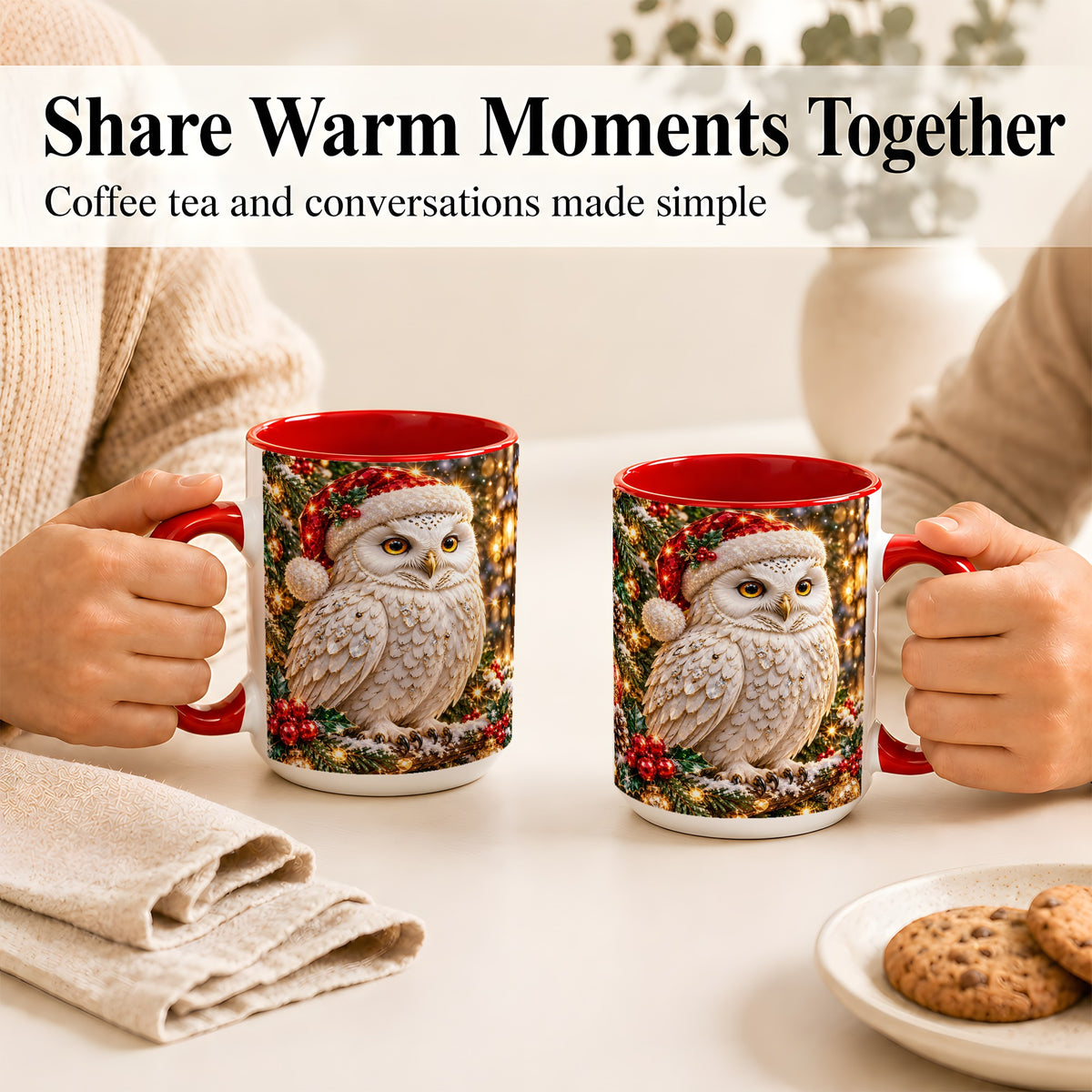 #pl[15oz|Red] Christmas Snowy Owl Coffee Mug, Festive Owl Mug, Ceramic Cup
