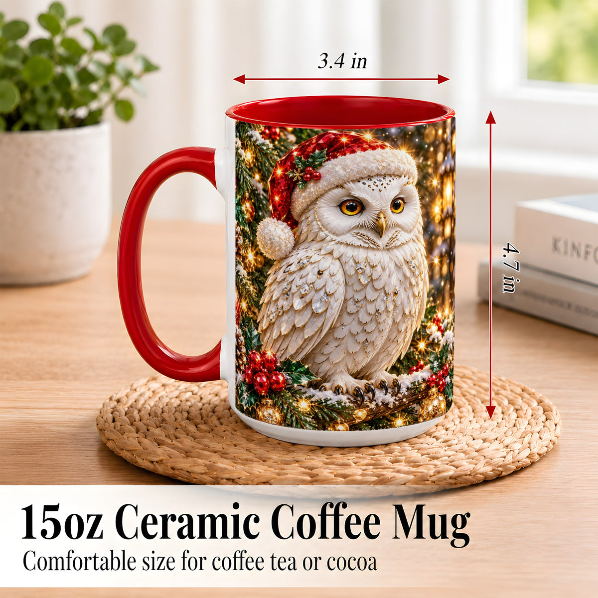 #pl[15oz|Red] Christmas Snowy Owl Coffee Mug, Festive Owl Mug, Ceramic Cup