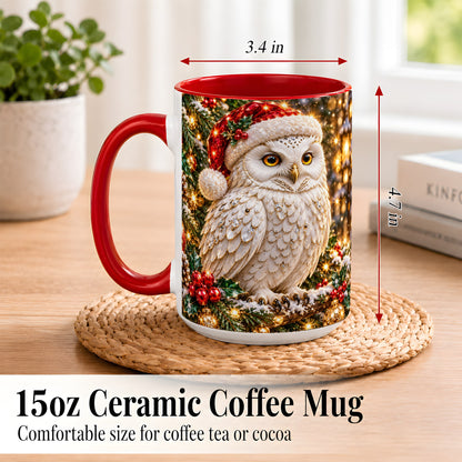 #pl[15oz|Red] Christmas Snowy Owl Coffee Mug, Festive Owl Mug, Ceramic Cup