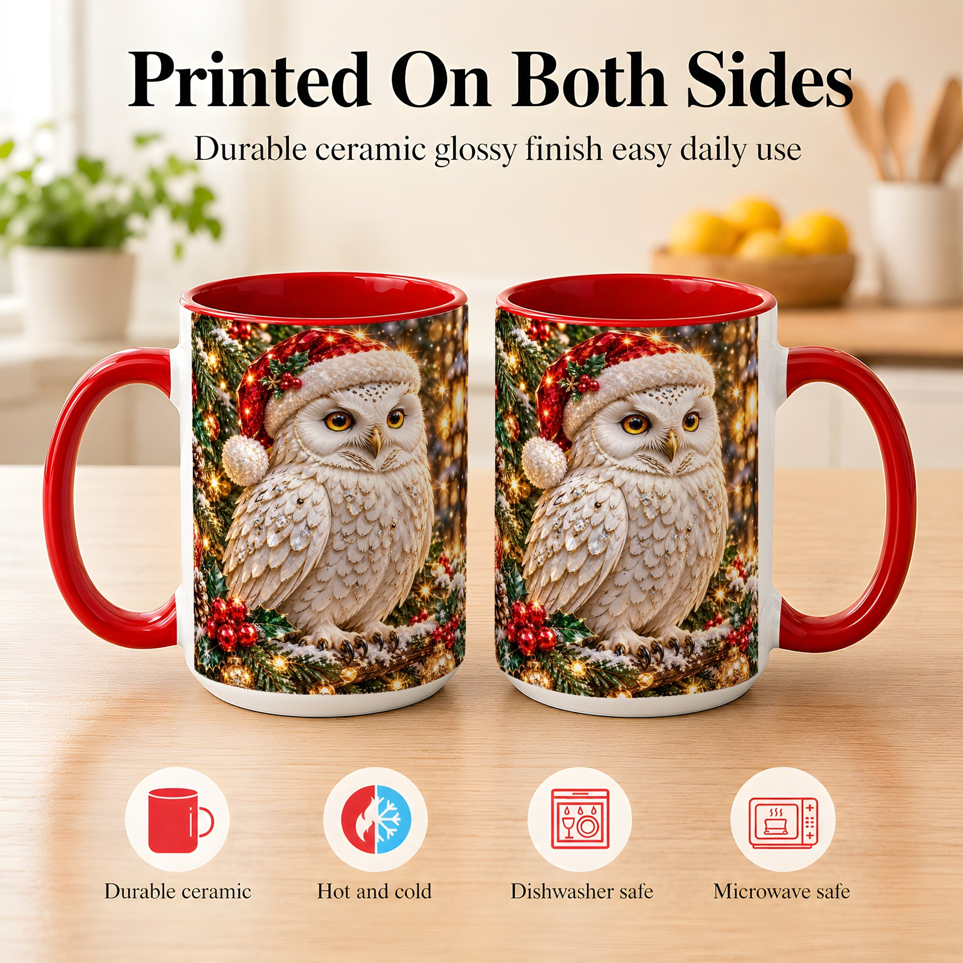#pl[15oz|Red] Christmas Snowy Owl Coffee Mug, Festive Owl Mug, Ceramic Cup