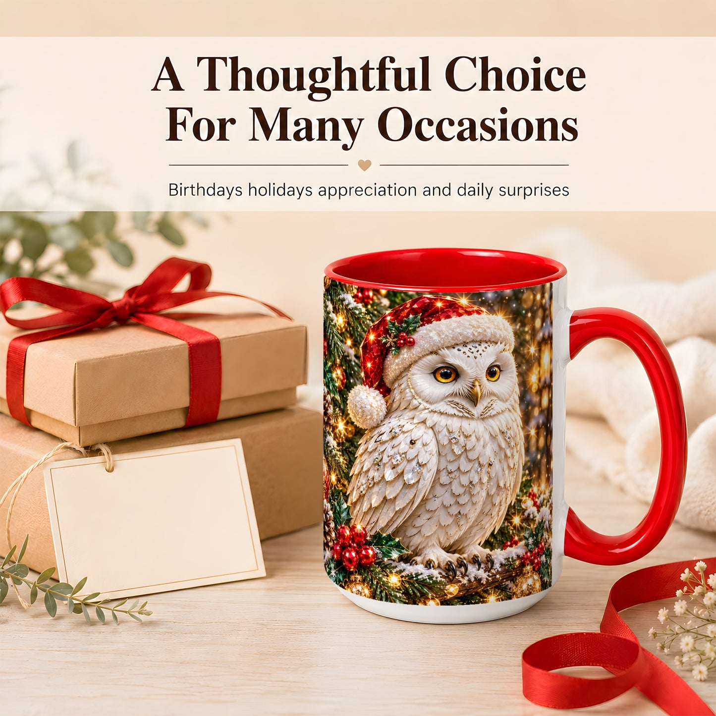 #pl[15oz|Red] Christmas Snowy Owl Coffee Mug, Festive Owl Mug, Ceramic Cup