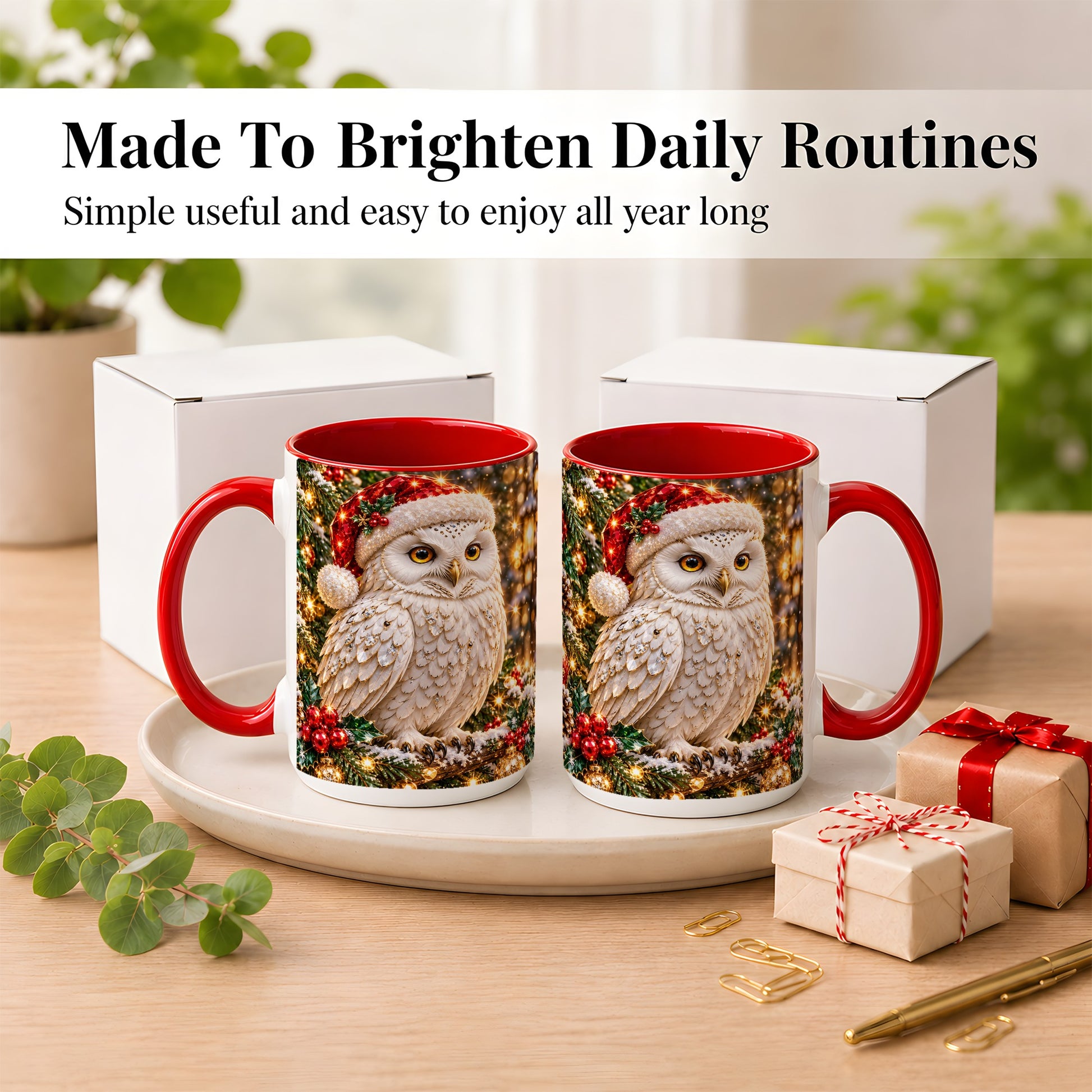 #pl[15oz|Red] Christmas Snowy Owl Coffee Mug, Festive Owl Mug, Ceramic Cup