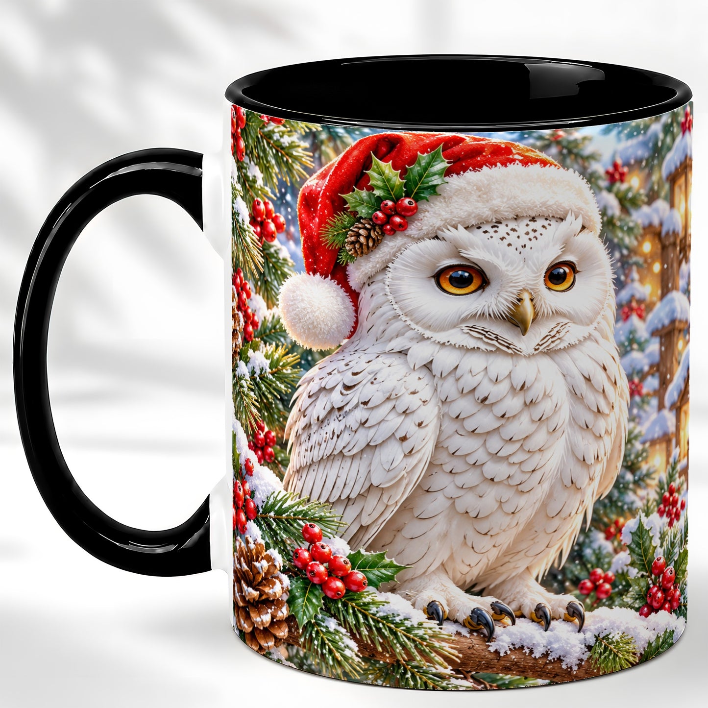 #pl[11oz|Black] Snowy Village Owl Coffee Mug, Christmas Owl Mug, Ceramic Cup