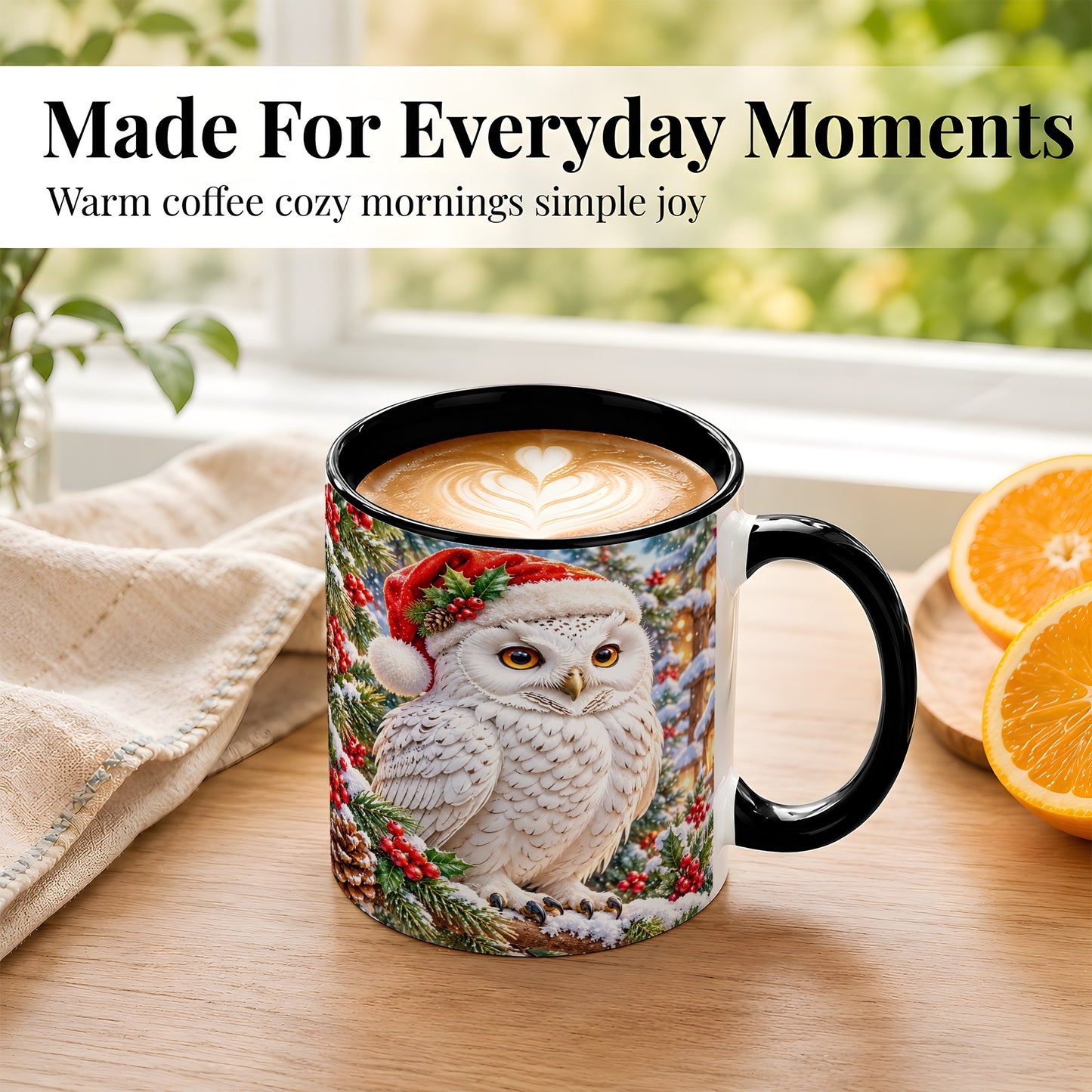 #pl[11oz|Black] Snowy Village Owl Coffee Mug, Christmas Owl Mug, Ceramic Cup
