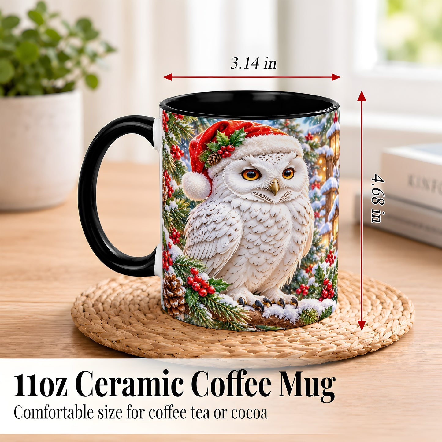 #pl[11oz|Black] Snowy Village Owl Coffee Mug, Christmas Owl Mug, Ceramic Cup