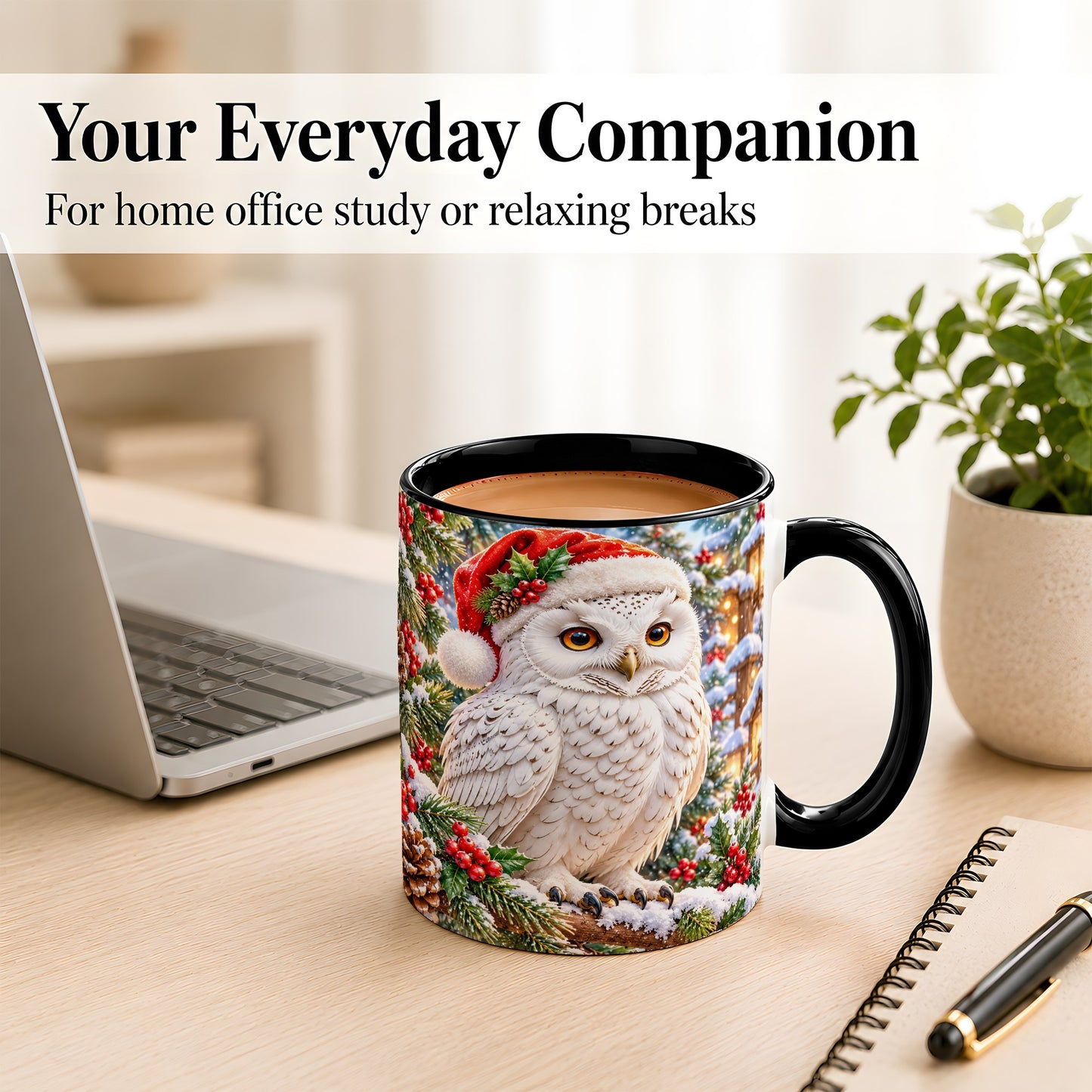#pl[11oz|Black] Snowy Village Owl Coffee Mug, Christmas Owl Mug, Ceramic Cup
