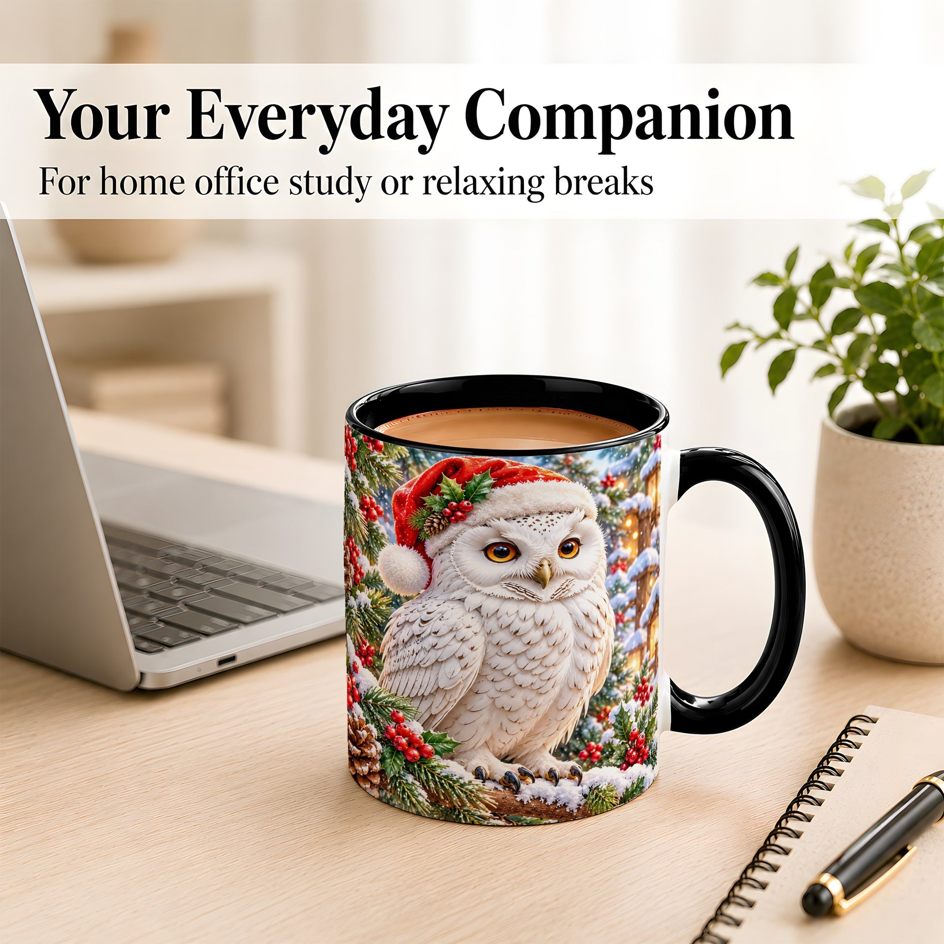 #pl[11oz|Black] Snowy Village Owl Coffee Mug, Christmas Owl Mug, Ceramic Cup
