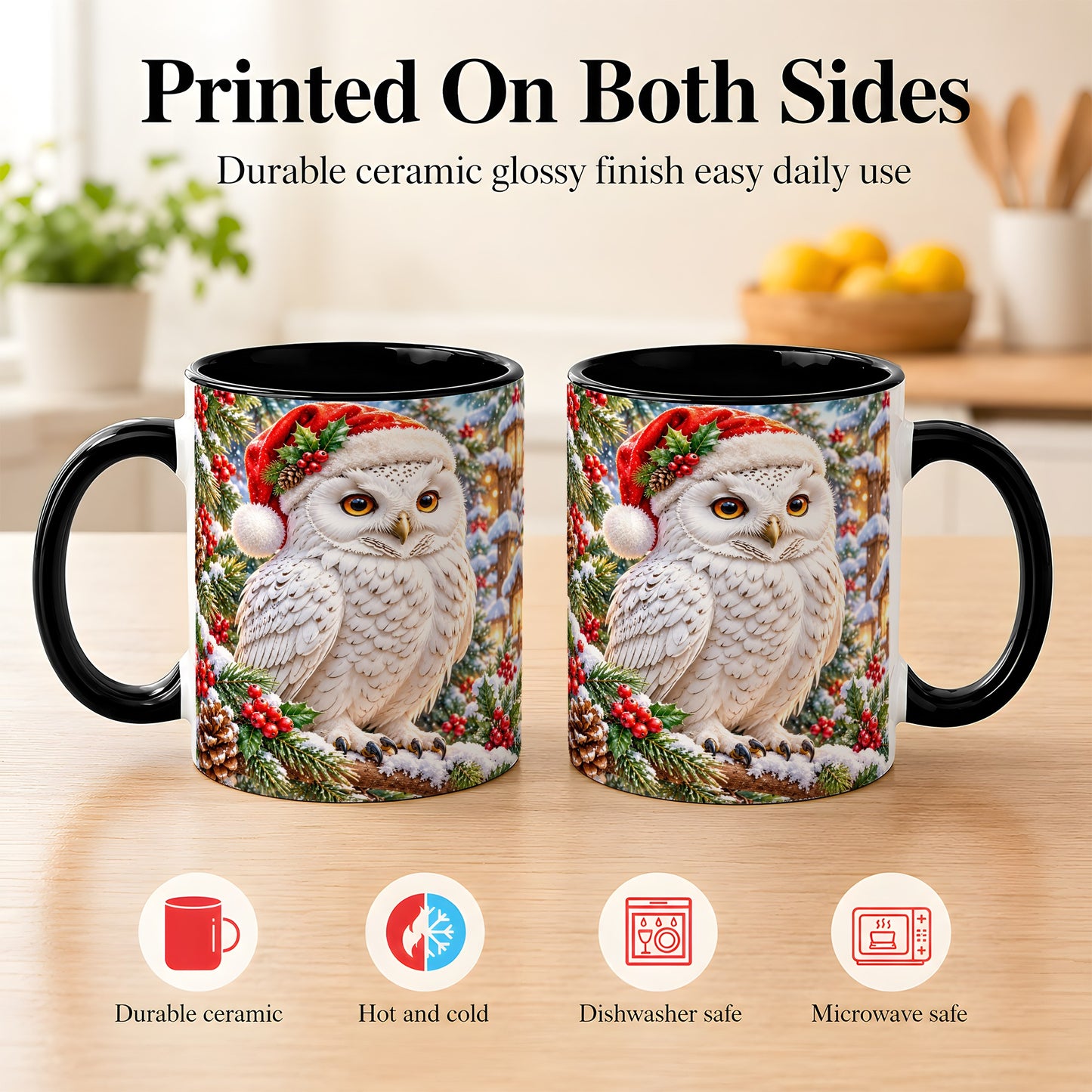 #pl[11oz|Black] Snowy Village Owl Coffee Mug, Christmas Owl Mug, Ceramic Cup