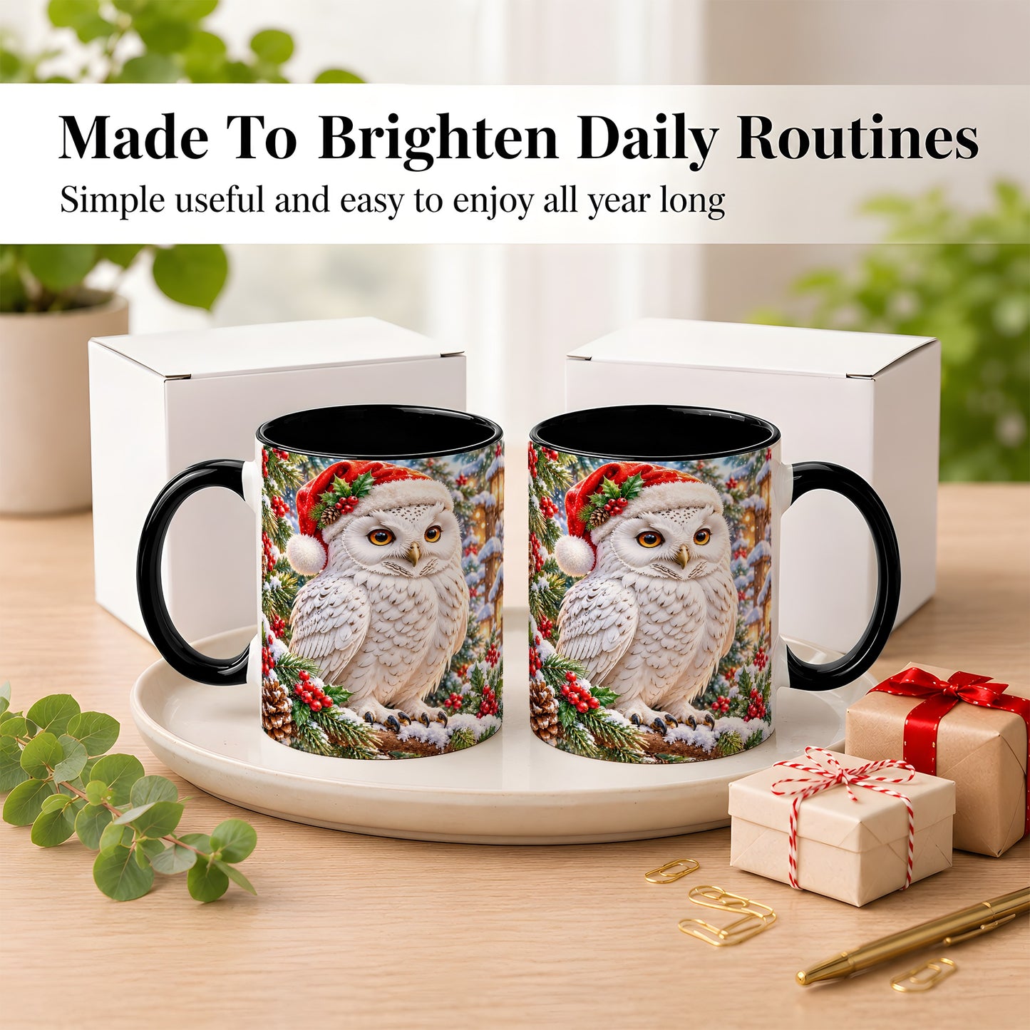 #pl[11oz|Black] Snowy Village Owl Coffee Mug, Christmas Owl Mug, Ceramic Cup