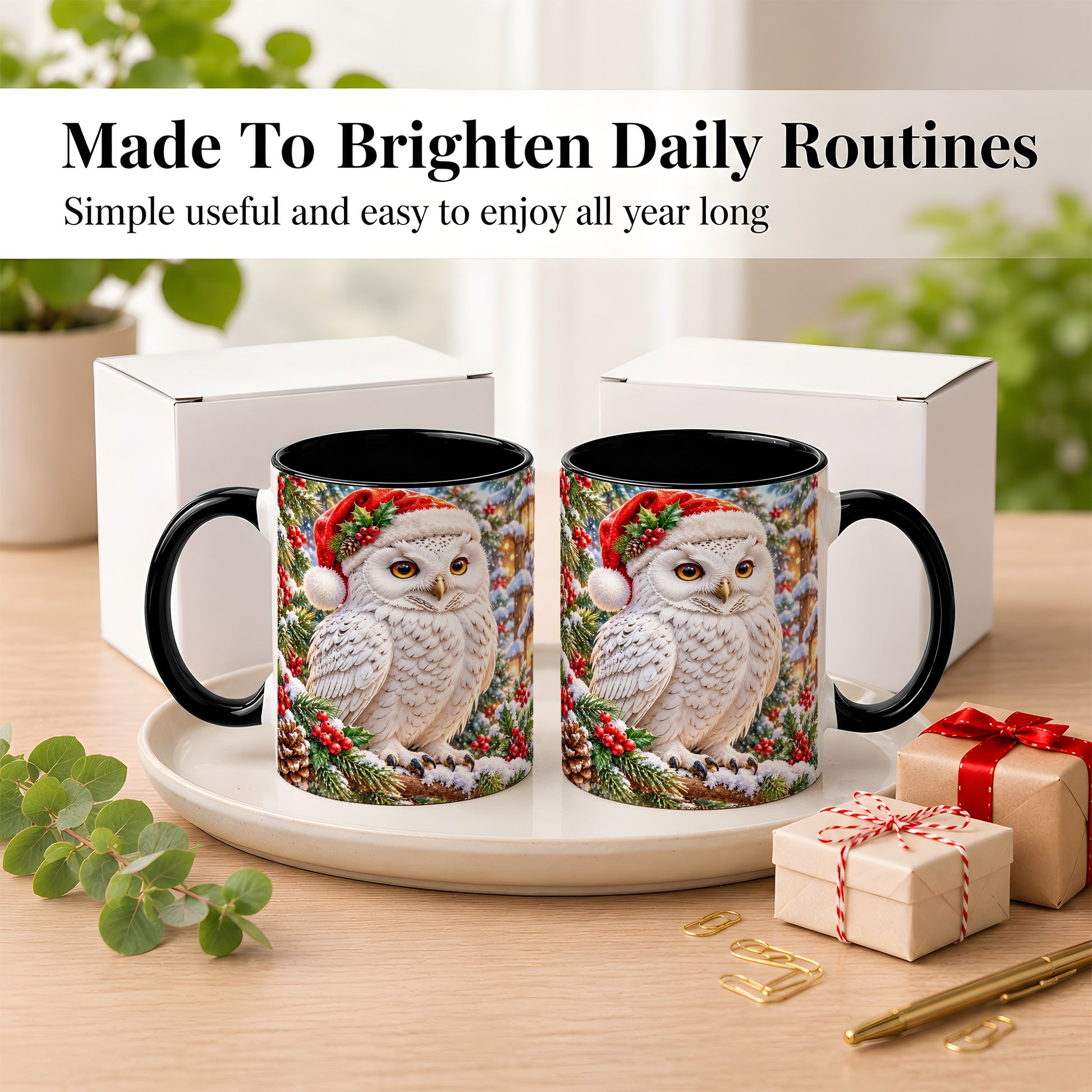#pl[11oz|Black] Snowy Village Owl Coffee Mug, Christmas Owl Mug, Ceramic Cup