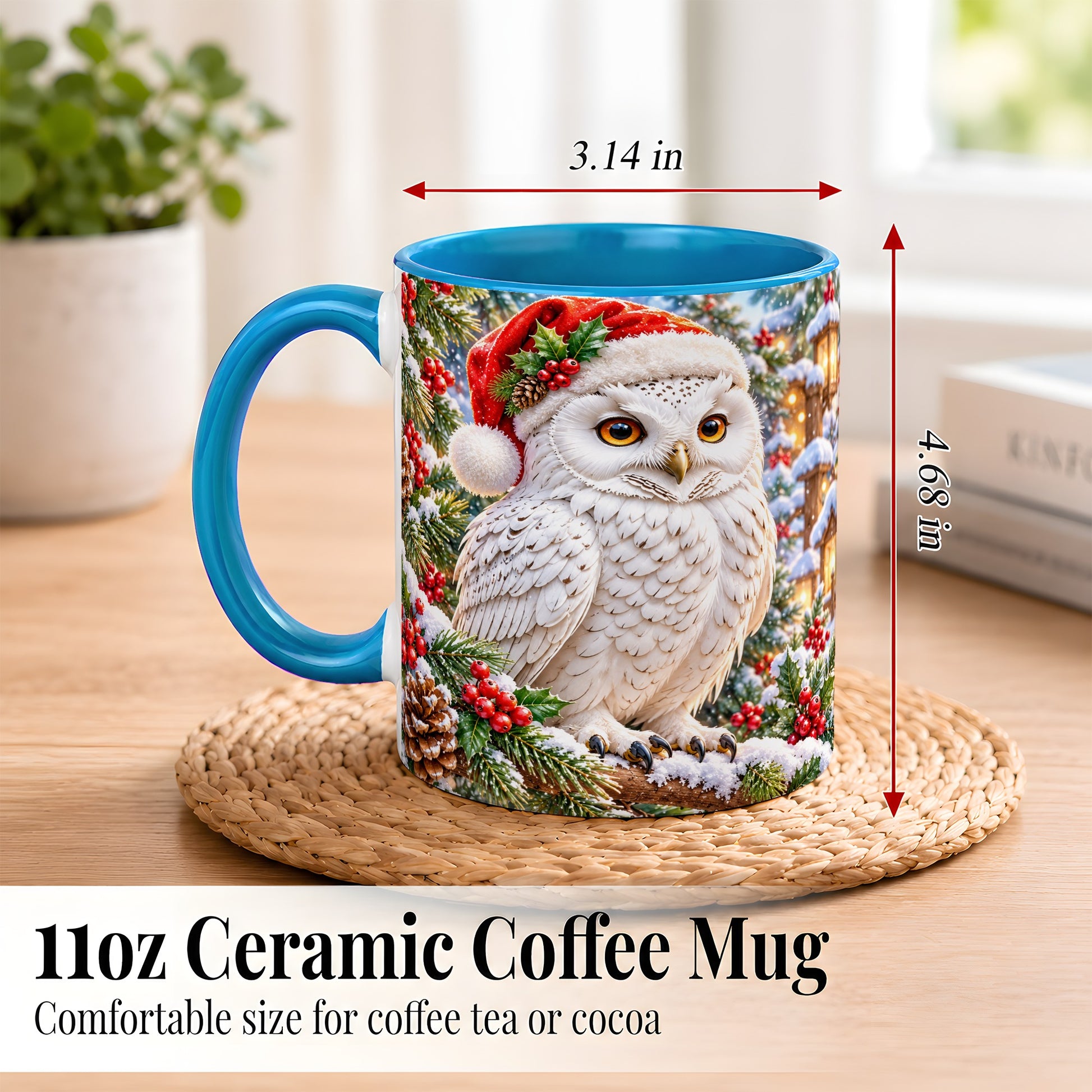 #pl[11oz|Blue] Snowy Village Owl Coffee Mug, Christmas Owl Mug, Ceramic Cup