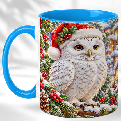#pl[11oz|Blue] Snowy Village Owl Coffee Mug, Christmas Owl Mug, Ceramic Cup