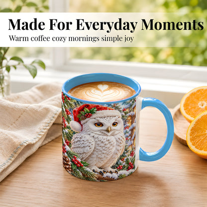 #pl[11oz|Blue] Snowy Village Owl Coffee Mug, Christmas Owl Mug, Ceramic Cup