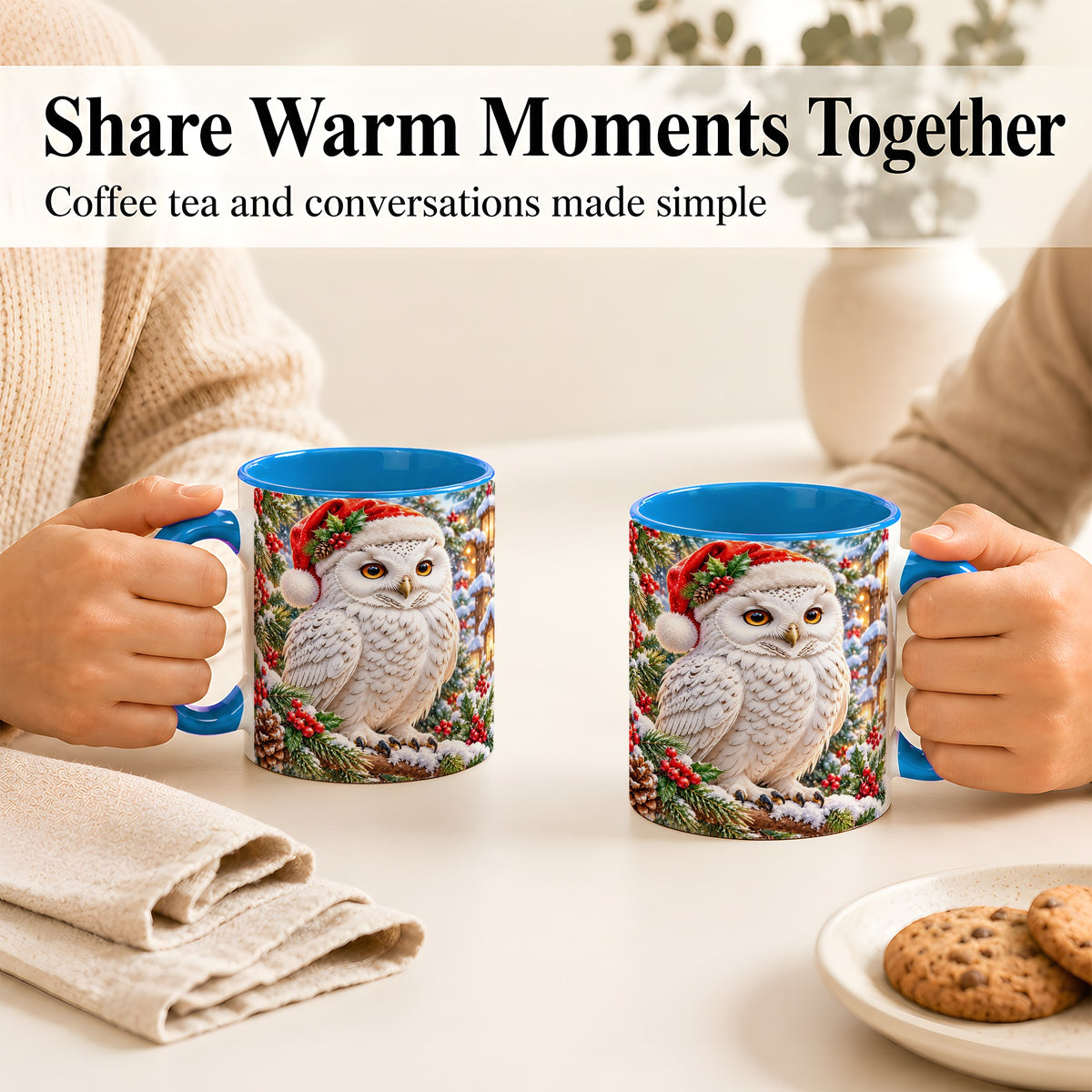 #pl[11oz|Blue] Snowy Village Owl Coffee Mug, Christmas Owl Mug, Ceramic Cup