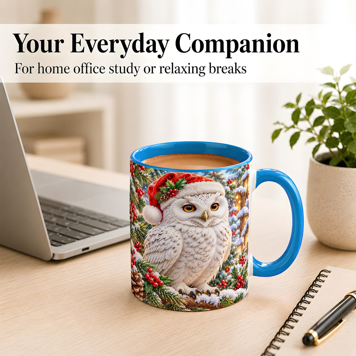#pl[11oz|Blue] Snowy Village Owl Coffee Mug, Christmas Owl Mug, Ceramic Cup