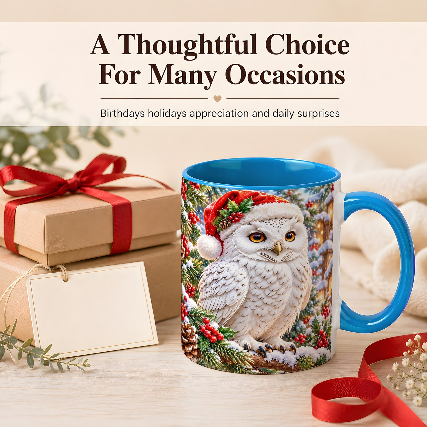 #pl[11oz|Blue] Snowy Village Owl Coffee Mug, Christmas Owl Mug, Ceramic Cup