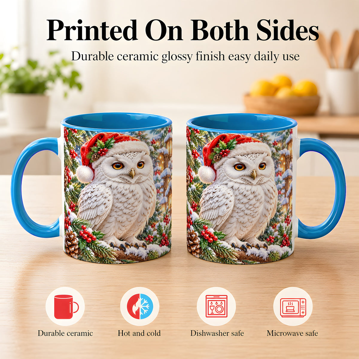 #pl[11oz|Blue] Snowy Village Owl Coffee Mug, Christmas Owl Mug, Ceramic Cup