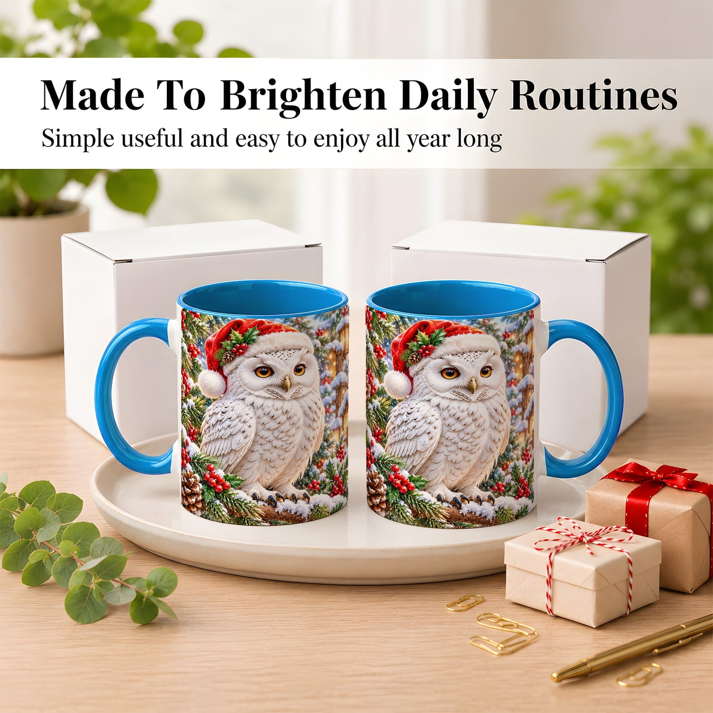 #pl[11oz|Blue] Snowy Village Owl Coffee Mug, Christmas Owl Mug, Ceramic Cup