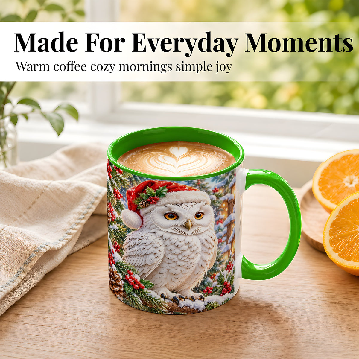 #pl[11oz|Green] Snowy Village Owl Coffee Mug, Christmas Owl Mug, Ceramic Cup